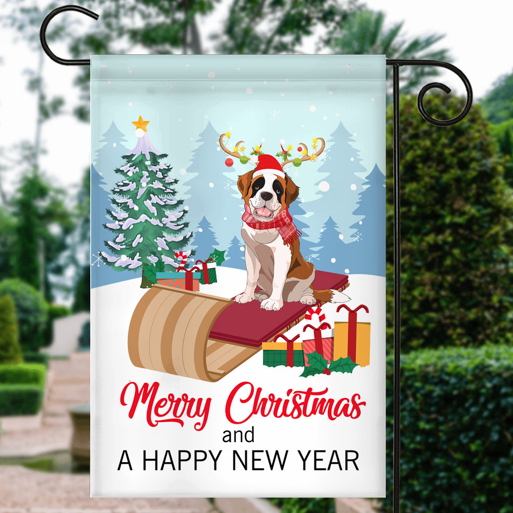 Dog Saint Bernard Christmas Flag Merry Christmas and Happy New Year Welcome Gift for Dog Lovers | siriusteestore