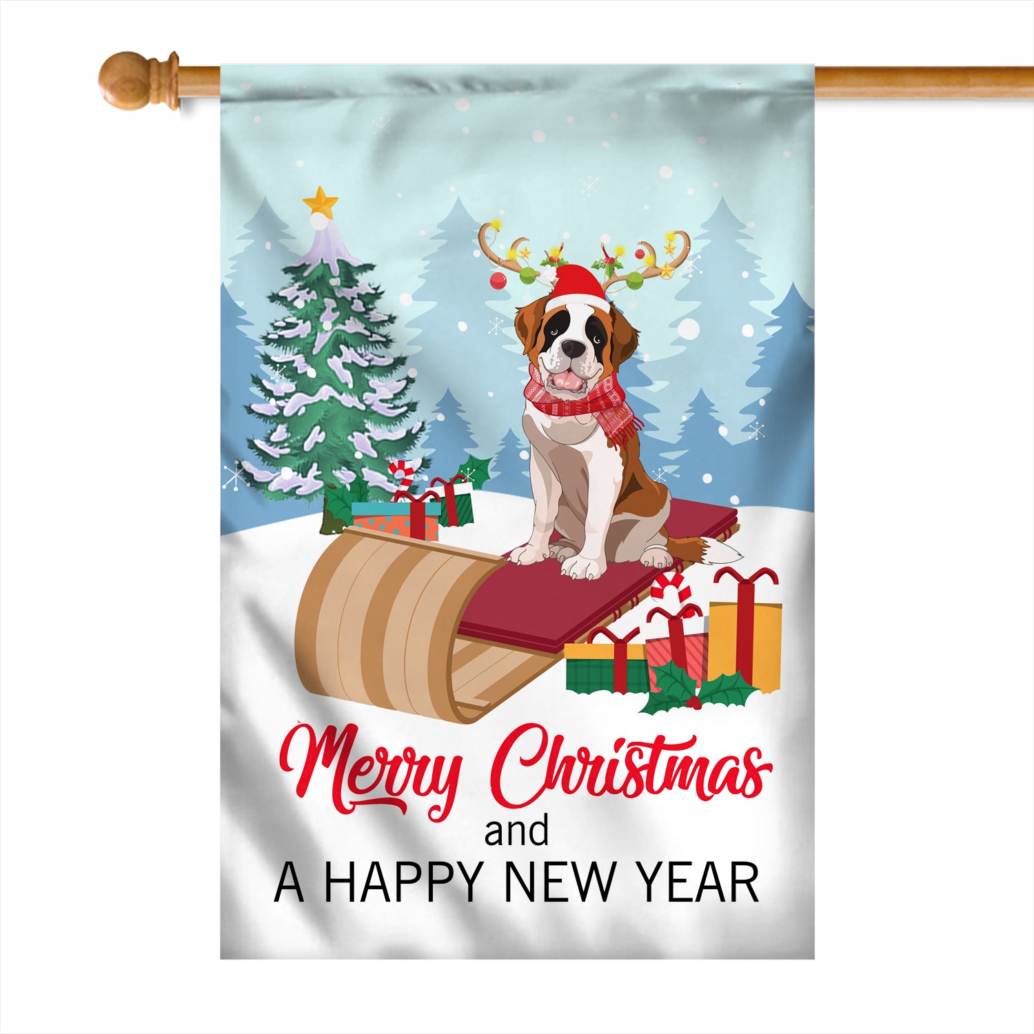 Dog Saint Bernard Christmas Flag Merry Christmas and Happy New Year Welcome Gift for Dog Lovers | siriusteestore