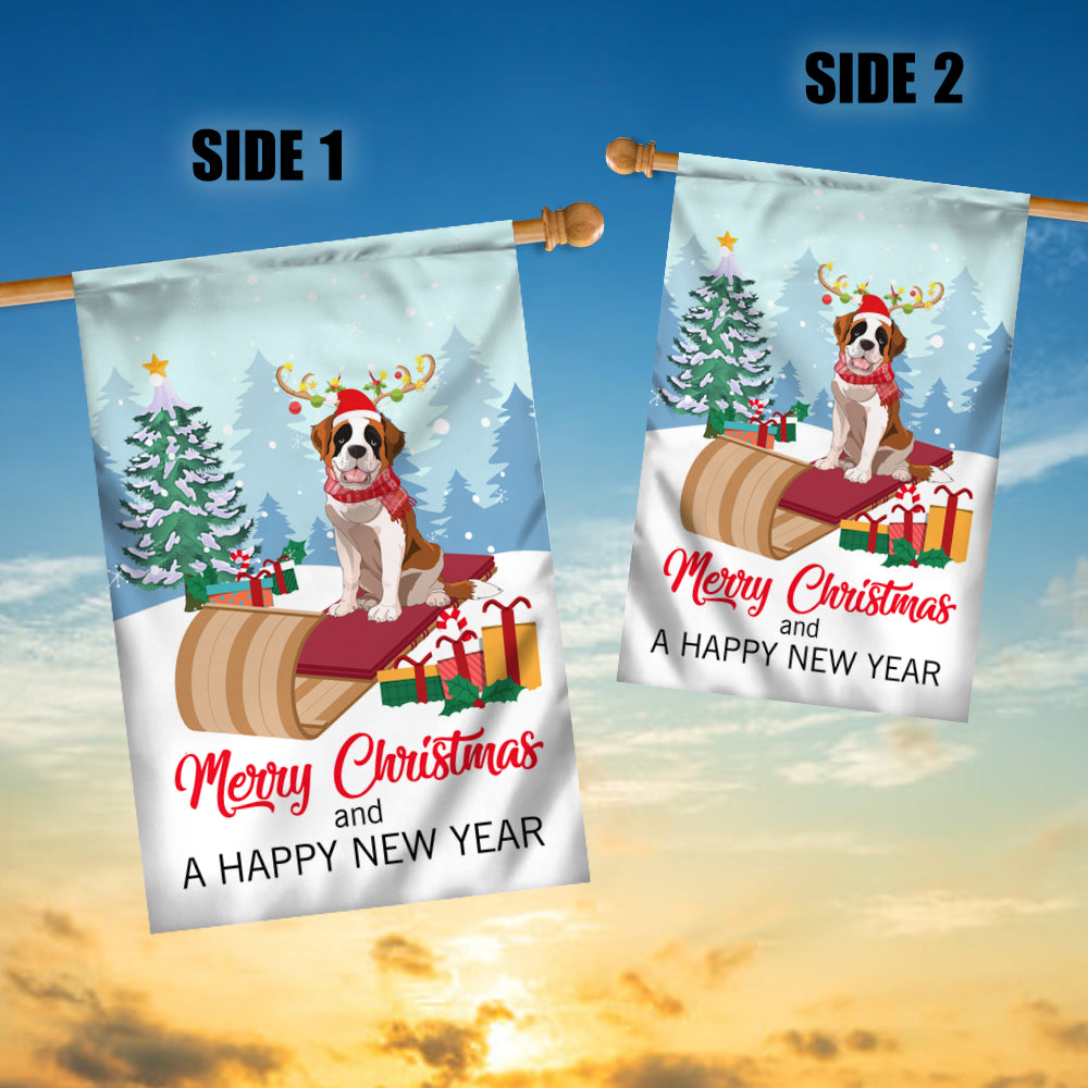 Dog Saint Bernard Christmas Flag Merry Christmas and Happy New Year Welcome Gift for Dog Lovers | siriusteestore