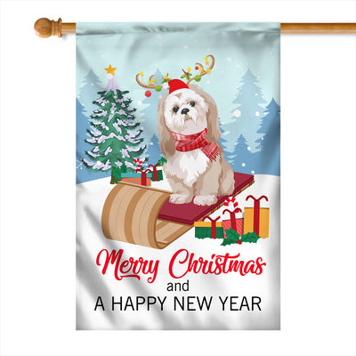 Dog Shih Tzu Christmas Flag Merry Christmas and Happy New Year Welcome Gift for Dog Lovers | siriusteestore