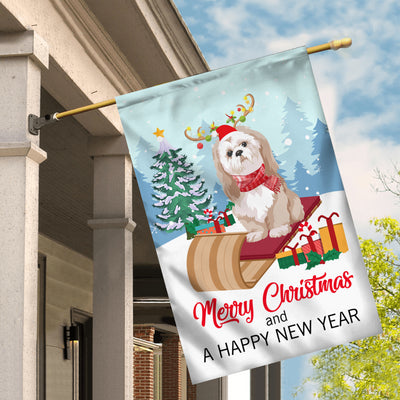 Dog Shih Tzu Christmas Flag Merry Christmas and Happy New Year Welcome Gift for Dog Lovers | siriusteestore