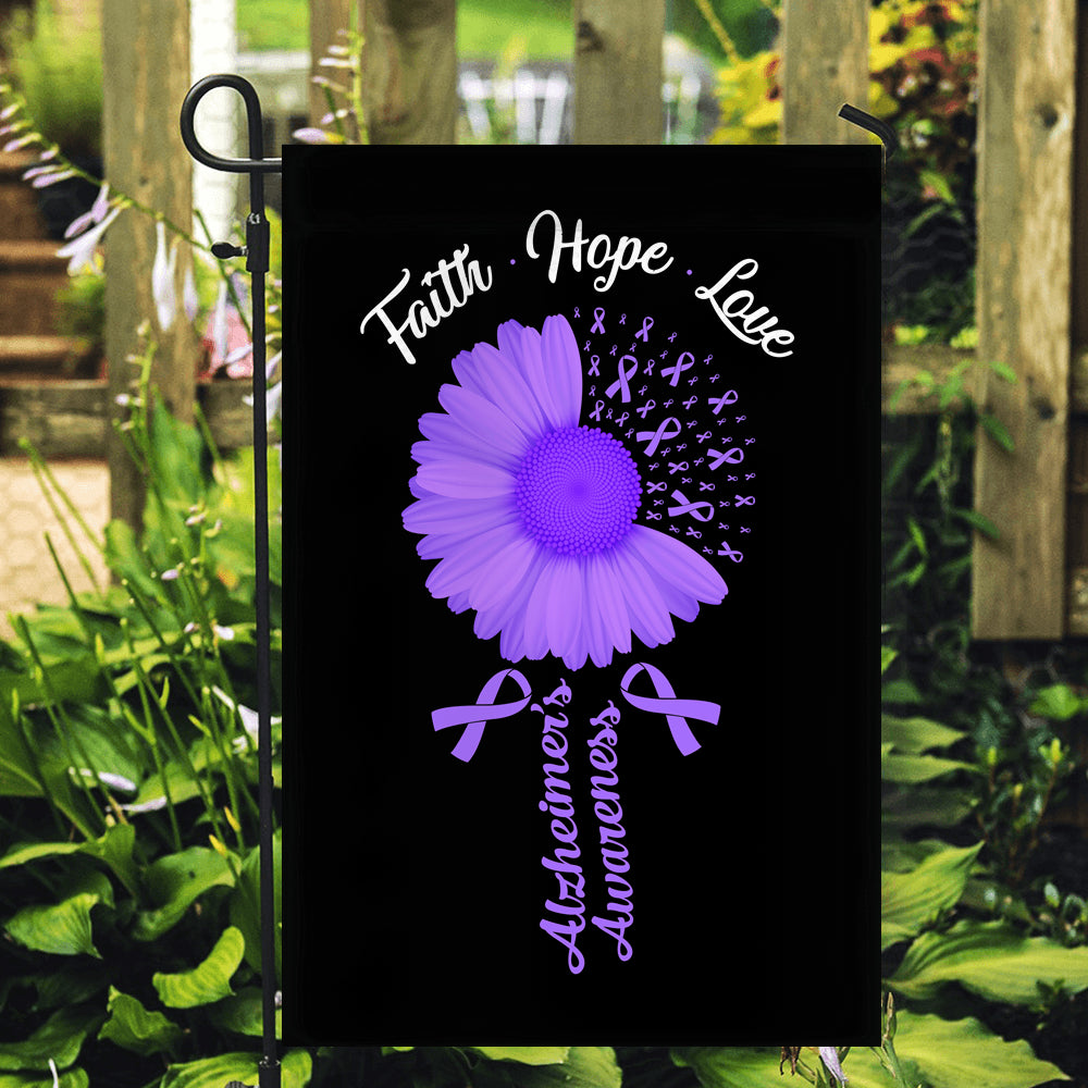 Faith Hope Love Alzheimer's Awareness Flag Daisy Flower Purple Ribbon | siriusteestore