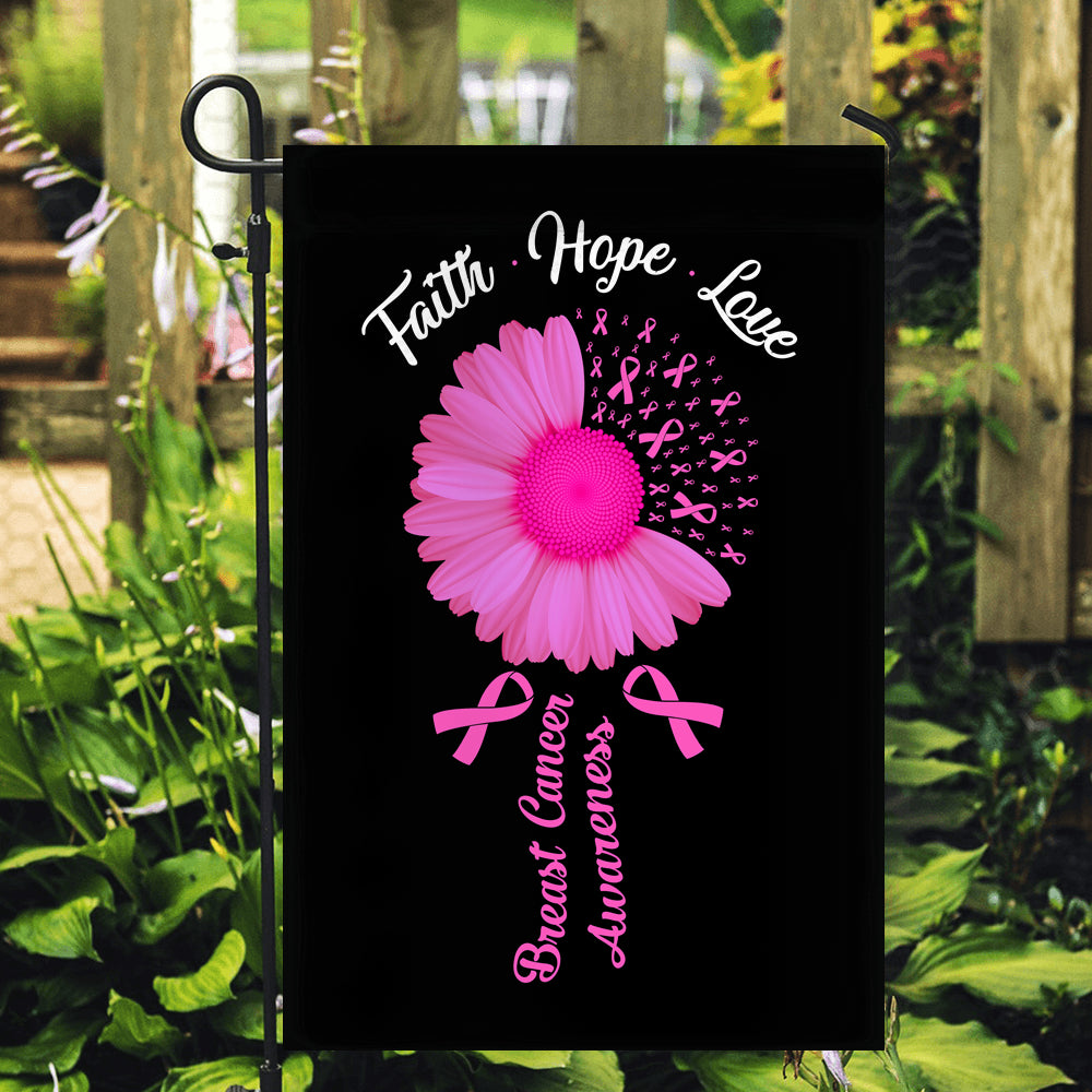 Faith Hope Love Breast Cancer Awareness Flag Daisy Flower Pink Ribbon | siriusteestore