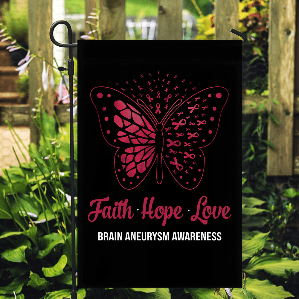 Faith Hope Love Butterfly Brain Aneurysm Awareness Flag Burgundy Ribbon | siriusteestore