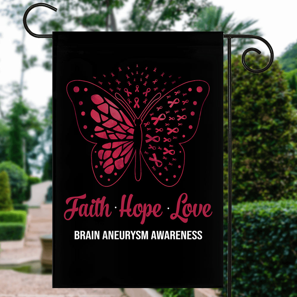 Faith Hope Love Butterfly Brain Aneurysm Awareness Flag Burgundy Ribbon | siriusteestore