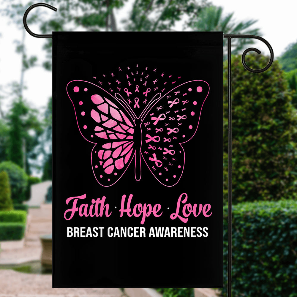 Faith Hope Love Butterfly Breast Cancer Awareness Flag Pink Ribbon | siriusteestore