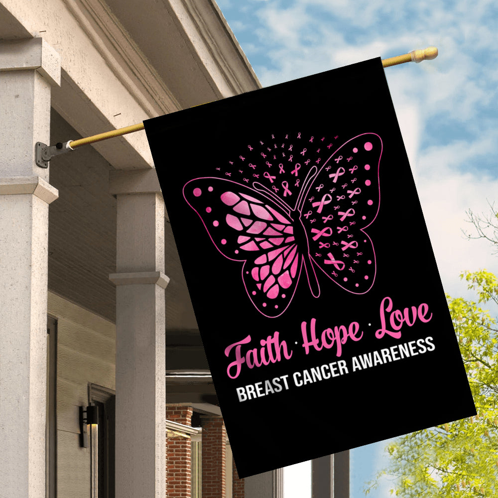 Faith Hope Love Butterfly Breast Cancer Awareness Flag Pink Ribbon | siriusteestore