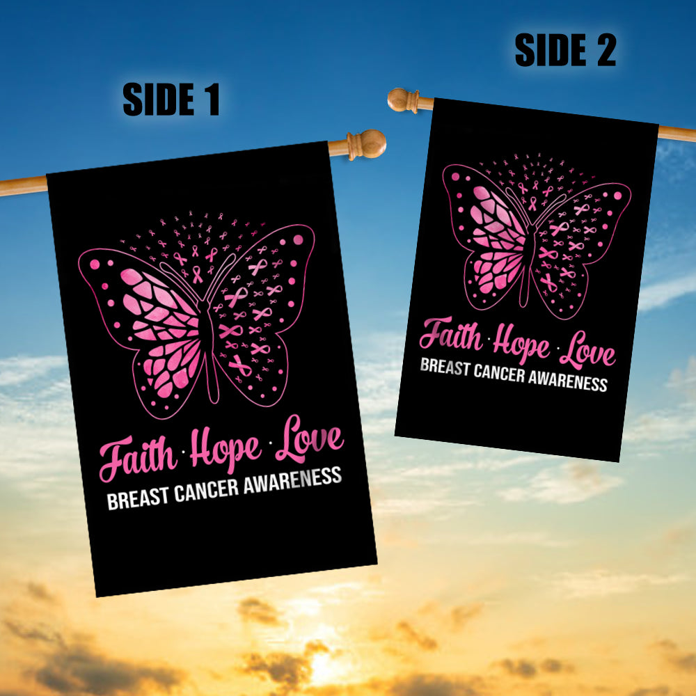 Faith Hope Love Butterfly Breast Cancer Awareness Flag Pink Ribbon | siriusteestore