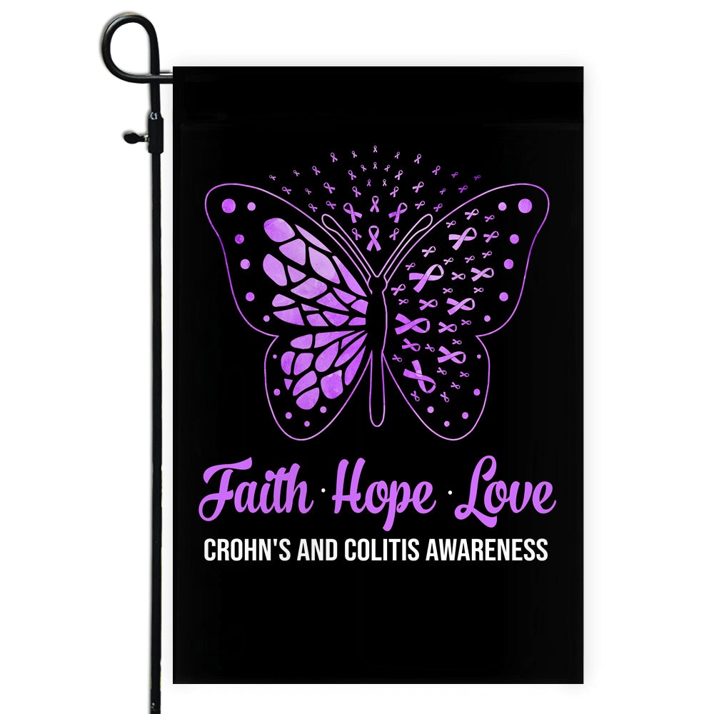 Faith Hope Love Butterfly Crohns Disease Awareness Flag Purple Ribbon | siriusteestore
