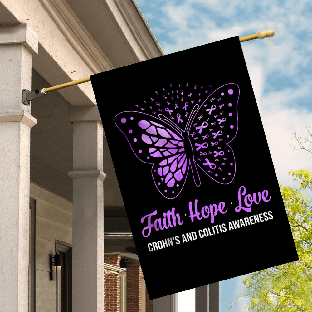 Faith Hope Love Butterfly Crohns Disease Awareness Flag Purple Ribbon | siriusteestore