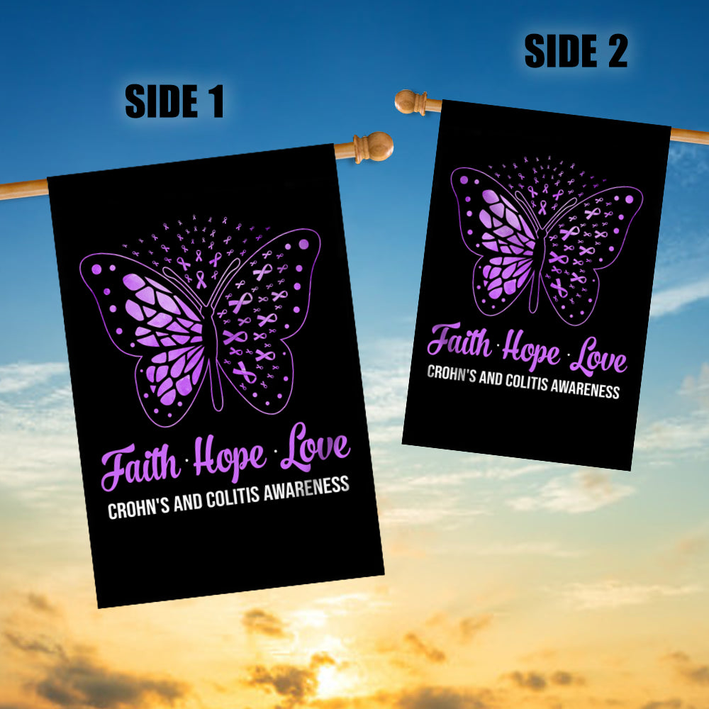 Faith Hope Love Butterfly Crohns Disease Awareness Flag Purple Ribbon | siriusteestore