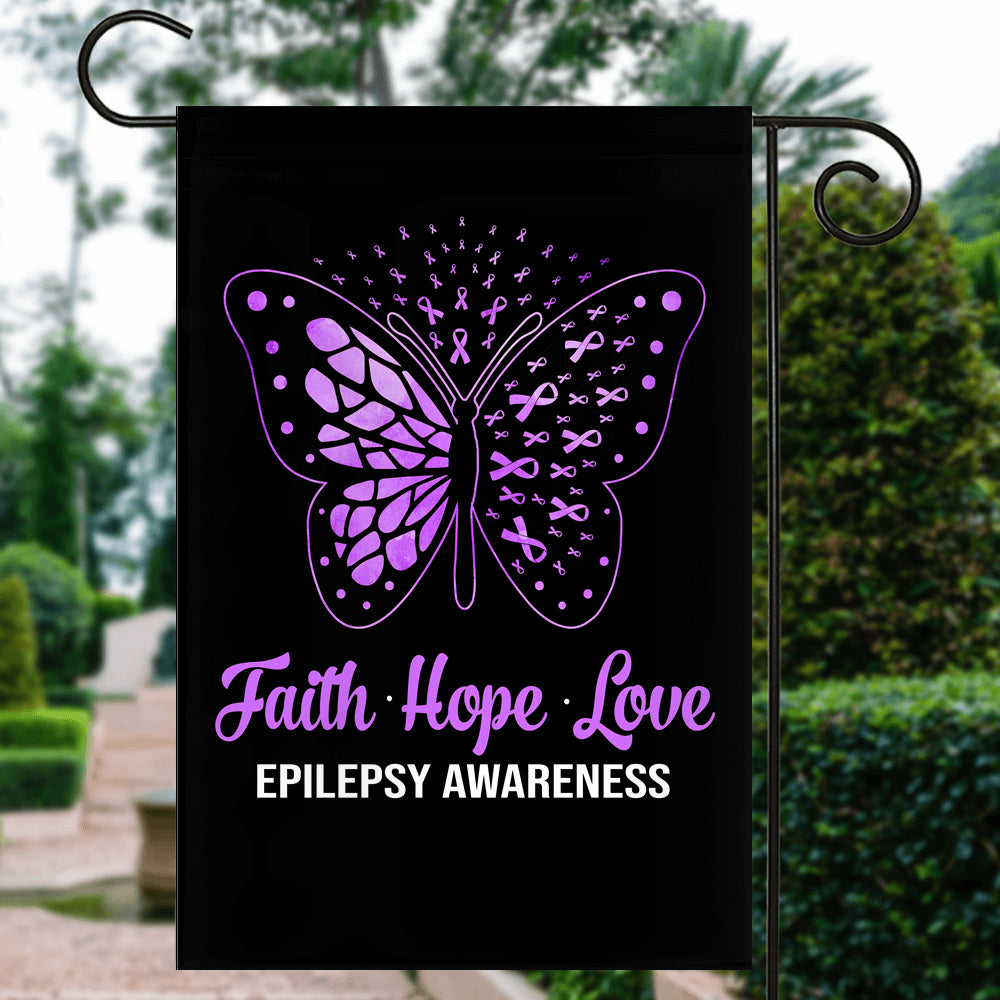 Faith Hope Love Butterfly Epilepsy Awareness Flag Purple Ribbon | siriusteestore