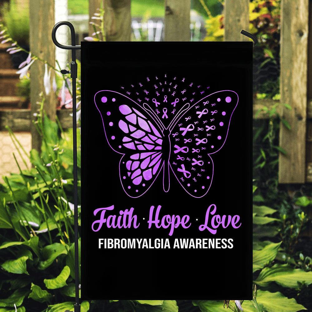 Faith Hope Love Butterfly Fibromyalgia Awareness Flag Purple Ribbon | siriusteestore