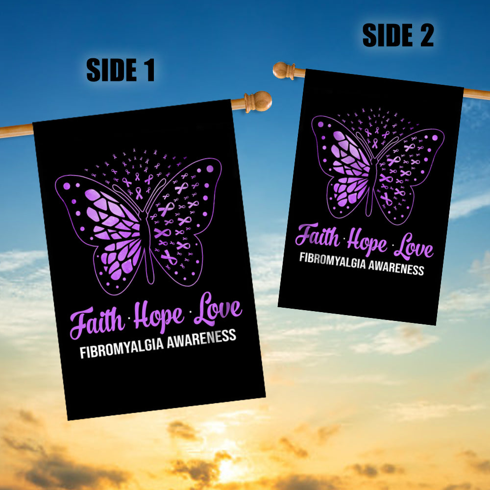 Faith Hope Love Butterfly Fibromyalgia Awareness Flag Purple Ribbon | siriusteestore
