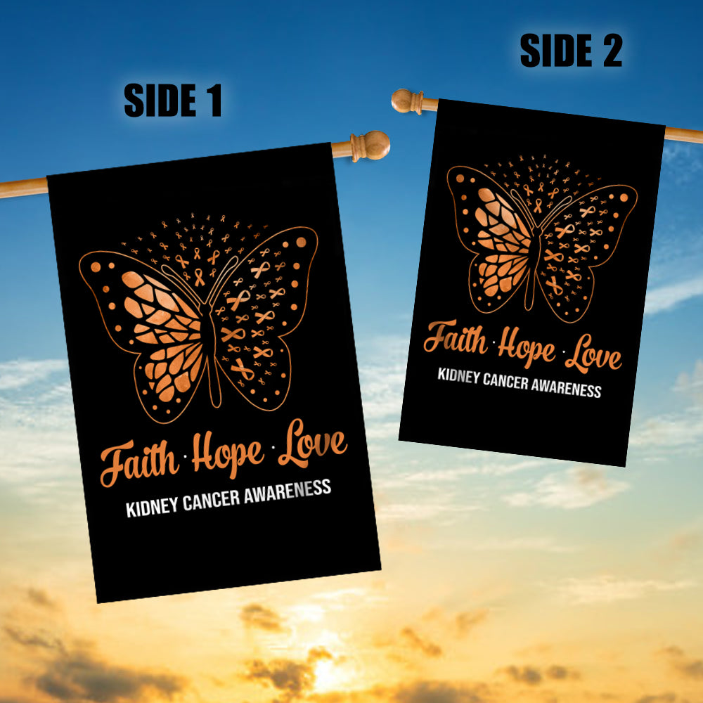 Faith Hope Love Butterfly Kidney Cancer Awareness Flag Orange Ribbon | siriusteestore