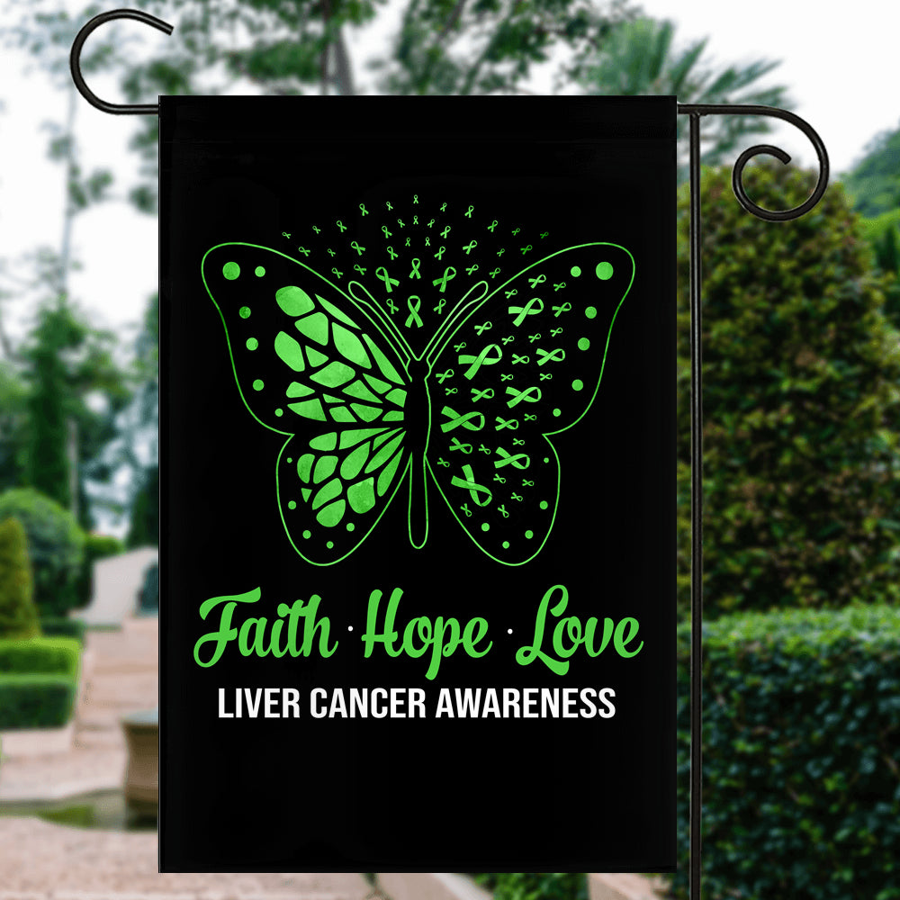 Faith Hope Love Butterfly Liver Cancer Awareness Flag Green Ribbon | siriusteestore