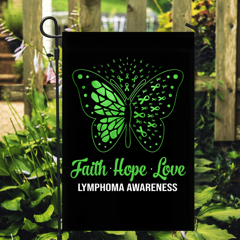 Faith Hope Love Butterfly Lymphoma Cancer Awareness Flag Green Ribbon | siriusteestore