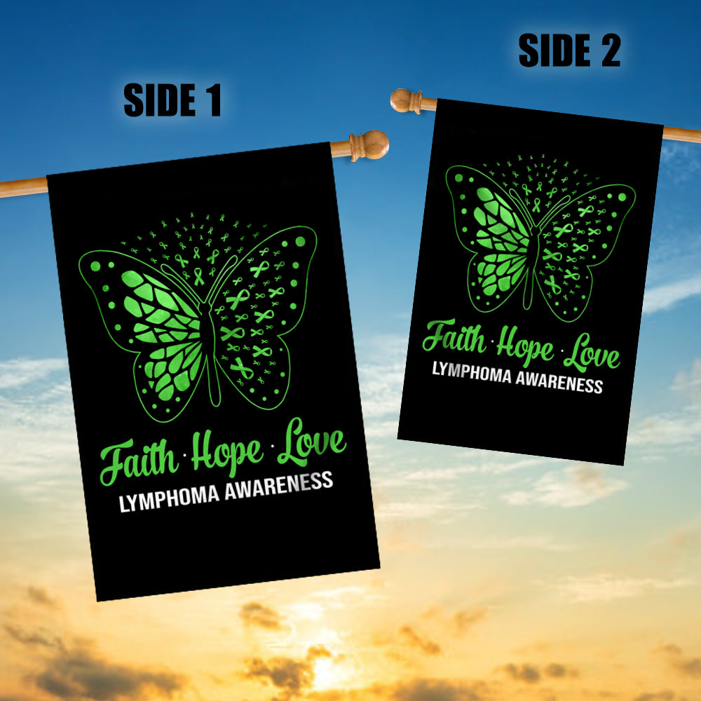 Faith Hope Love Butterfly Lymphoma Cancer Awareness Flag Green Ribbon | siriusteestore