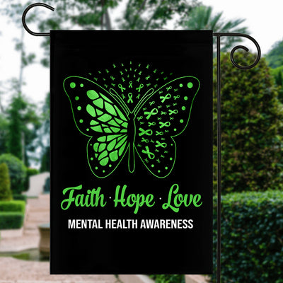 Faith Hope Love Butterfly Mental Health Awareness Flag Green Ribbon | siriusteestore