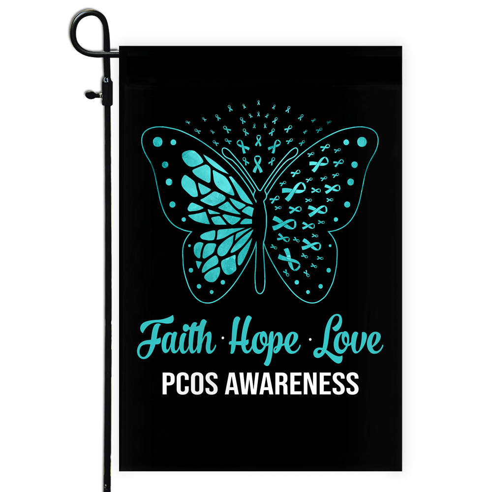 Faith Hope Love Butterfly PCOS Awareness Flag Teal Ribbon | siriusteestore