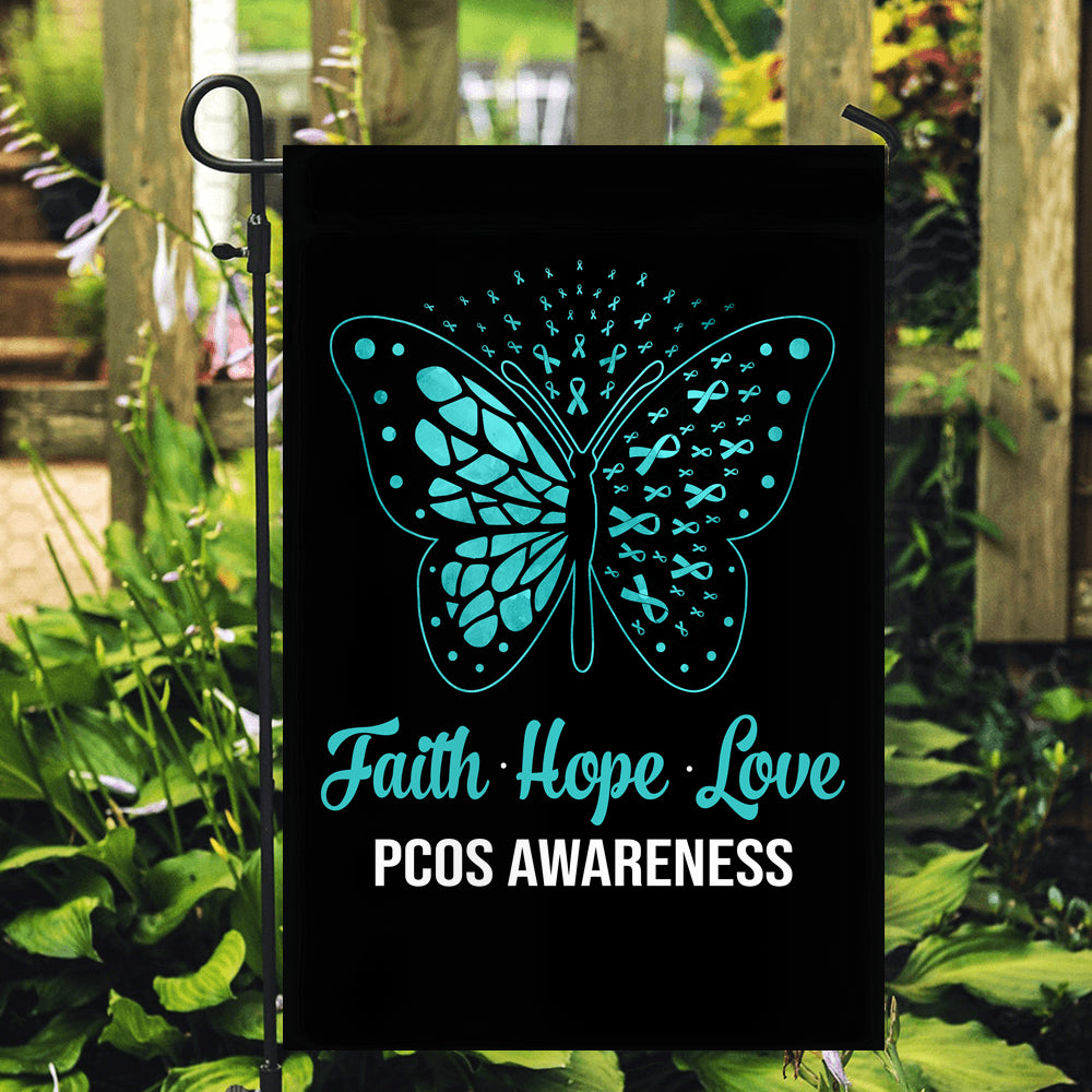 Faith Hope Love Butterfly PCOS Awareness Flag Teal Ribbon | siriusteestore