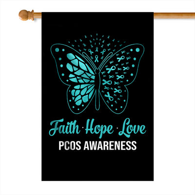 Faith Hope Love Butterfly PCOS Awareness Flag Teal Ribbon | siriusteestore