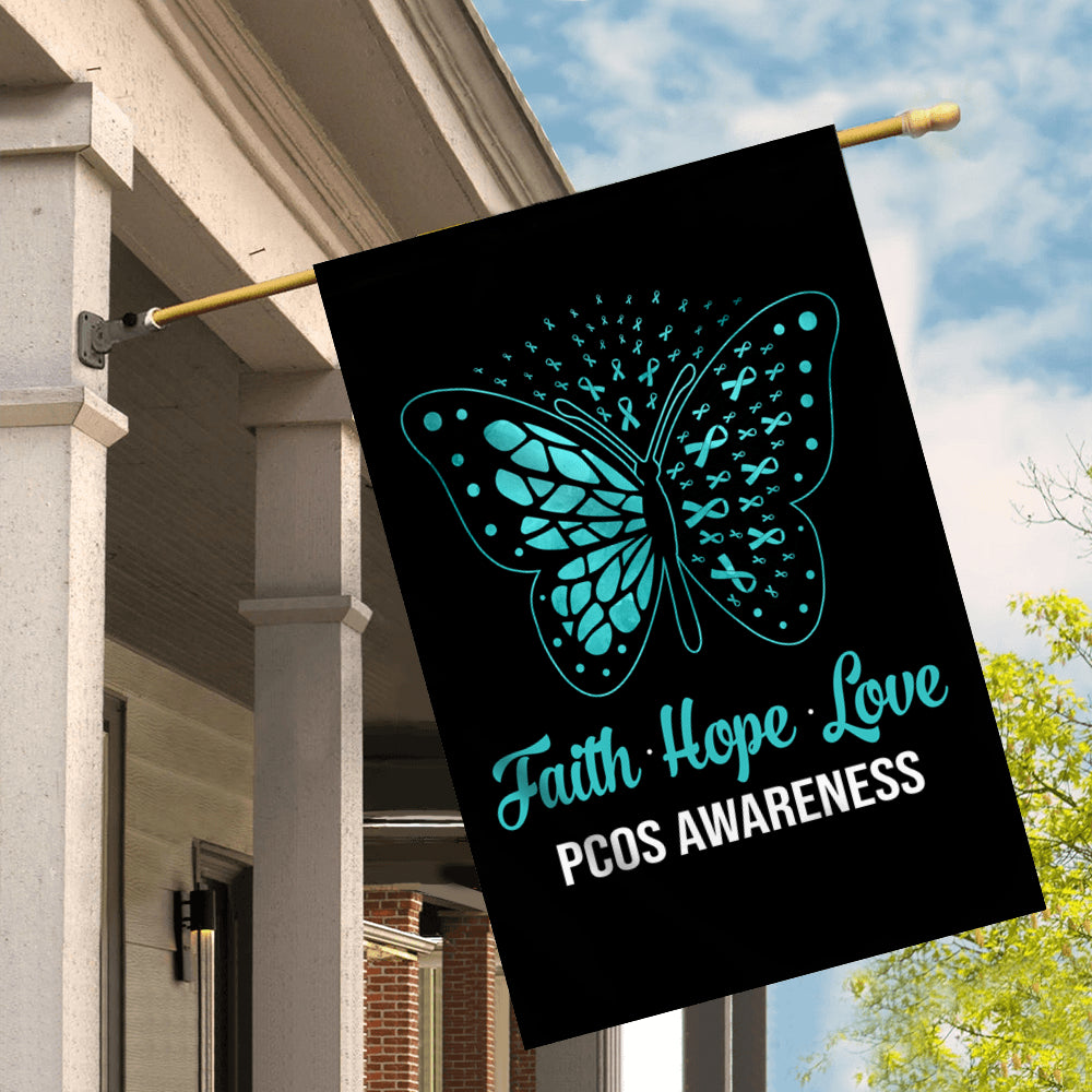 Faith Hope Love Butterfly PCOS Awareness Flag Teal Ribbon | siriusteestore