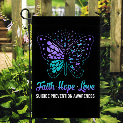 Faith Hope Love Butterfly Suicide Prevention Awareness Flag Teal and Purple Ribbon | siriusteestore