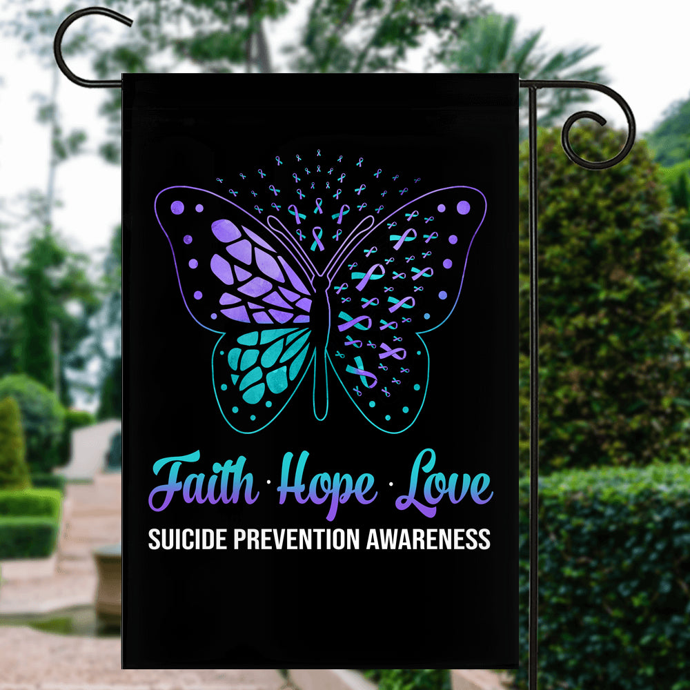 Faith Hope Love Butterfly Suicide Prevention Awareness Flag Teal and Purple Ribbon | siriusteestore