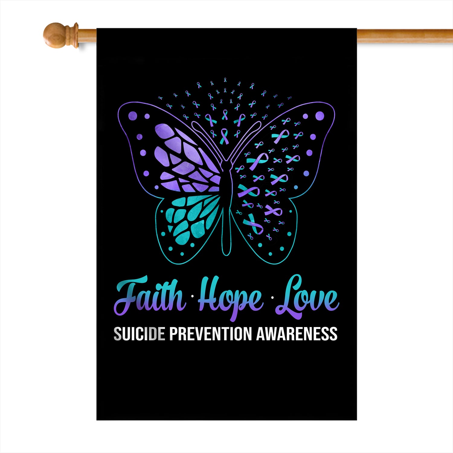 Faith Hope Love Butterfly Suicide Prevention Awareness Flag Teal and Purple Ribbon | siriusteestore
