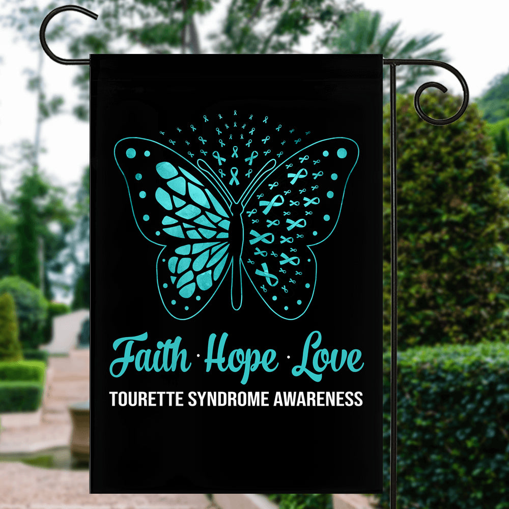Faith Hope Love Butterfly Tourette Syndrome Awareness Flag Teal Ribbon | siriusteestore