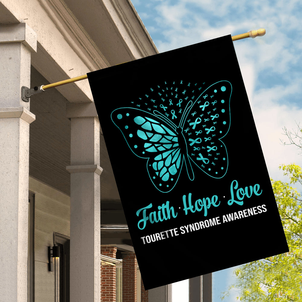 Faith Hope Love Butterfly Tourette Syndrome Awareness Flag Teal Ribbon | siriusteestore