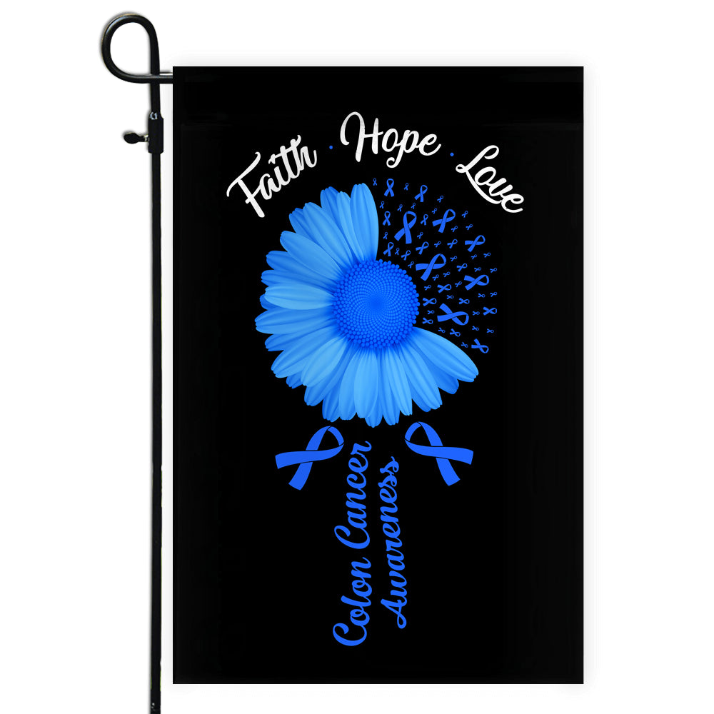 Faith Hope Love Colon Cancer Awareness Flag Daisy Flower Blue Ribbon | siriusteestore