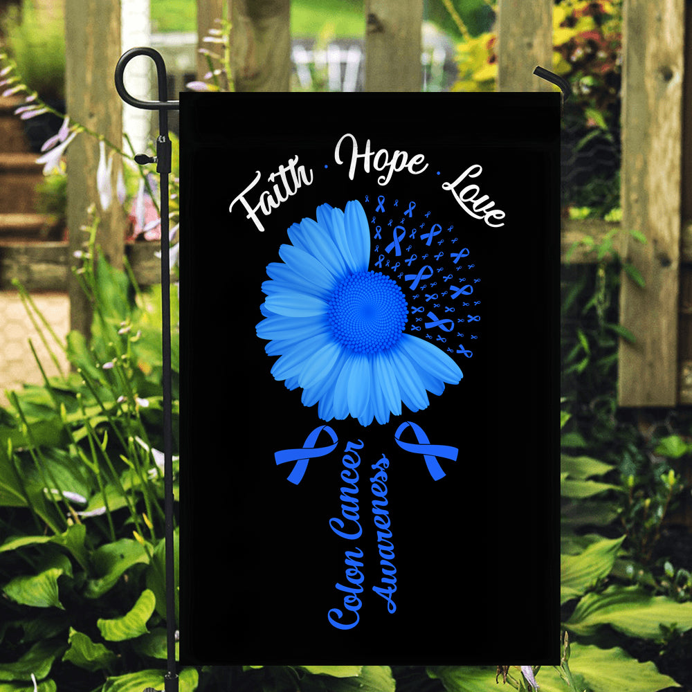 Faith Hope Love Colon Cancer Awareness Flag Daisy Flower Blue Ribbon | siriusteestore