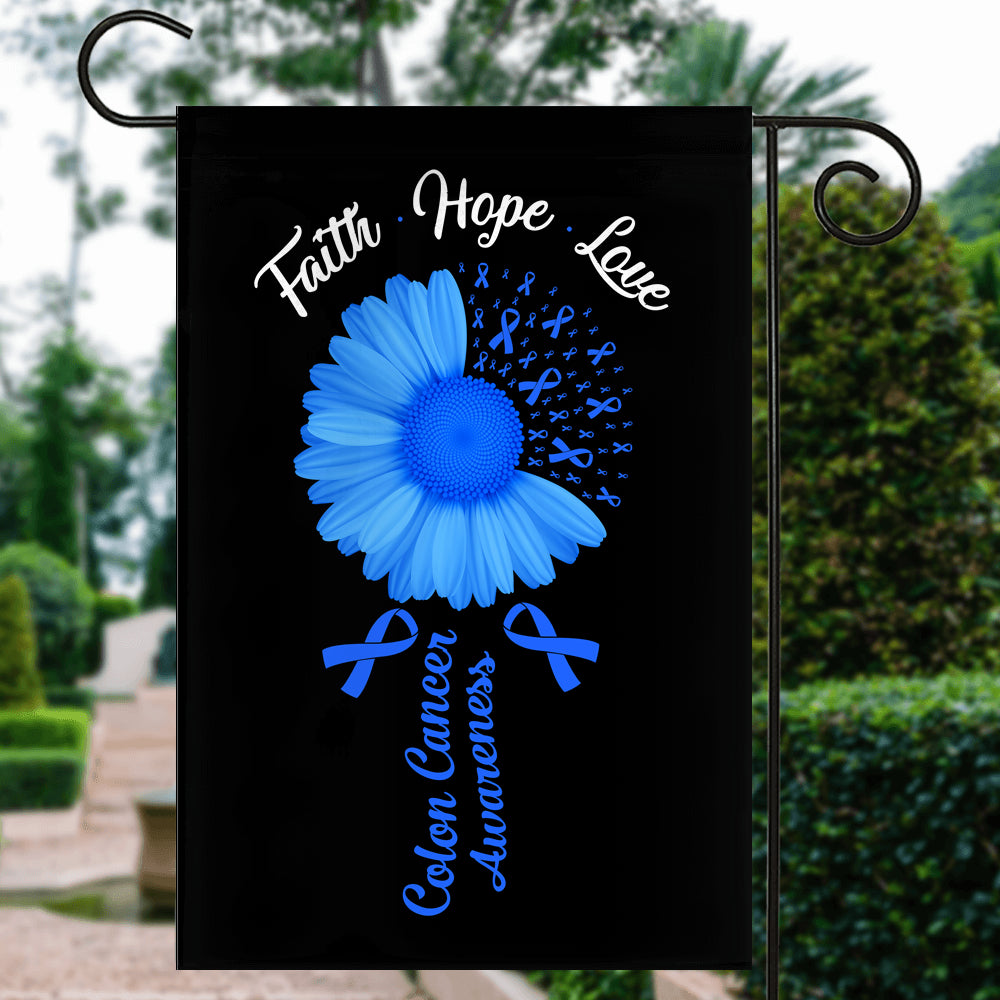 Faith Hope Love Colon Cancer Awareness Flag Daisy Flower Blue Ribbon | siriusteestore