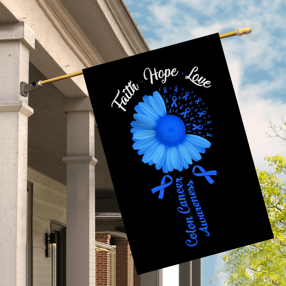 Faith Hope Love Colon Cancer Awareness Flag Daisy Flower Blue Ribbon | siriusteestore