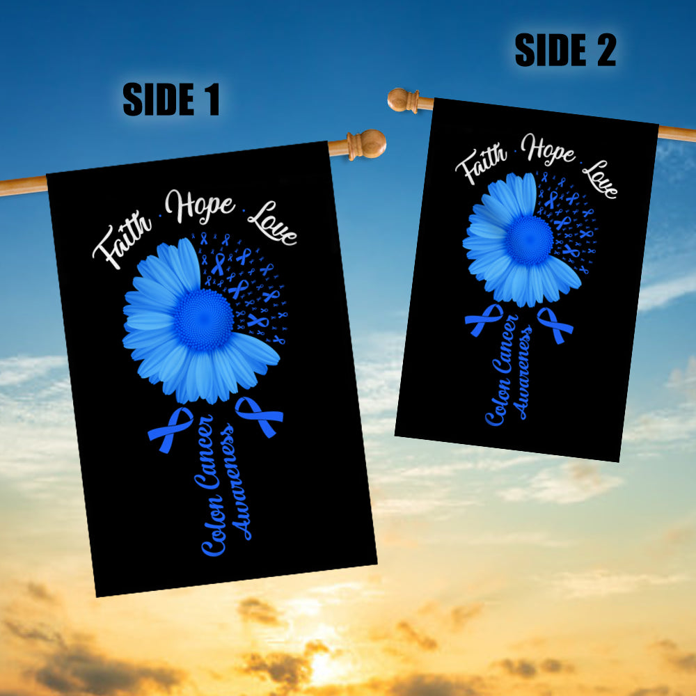 Faith Hope Love Colon Cancer Awareness Flag Daisy Flower Blue Ribbon | siriusteestore