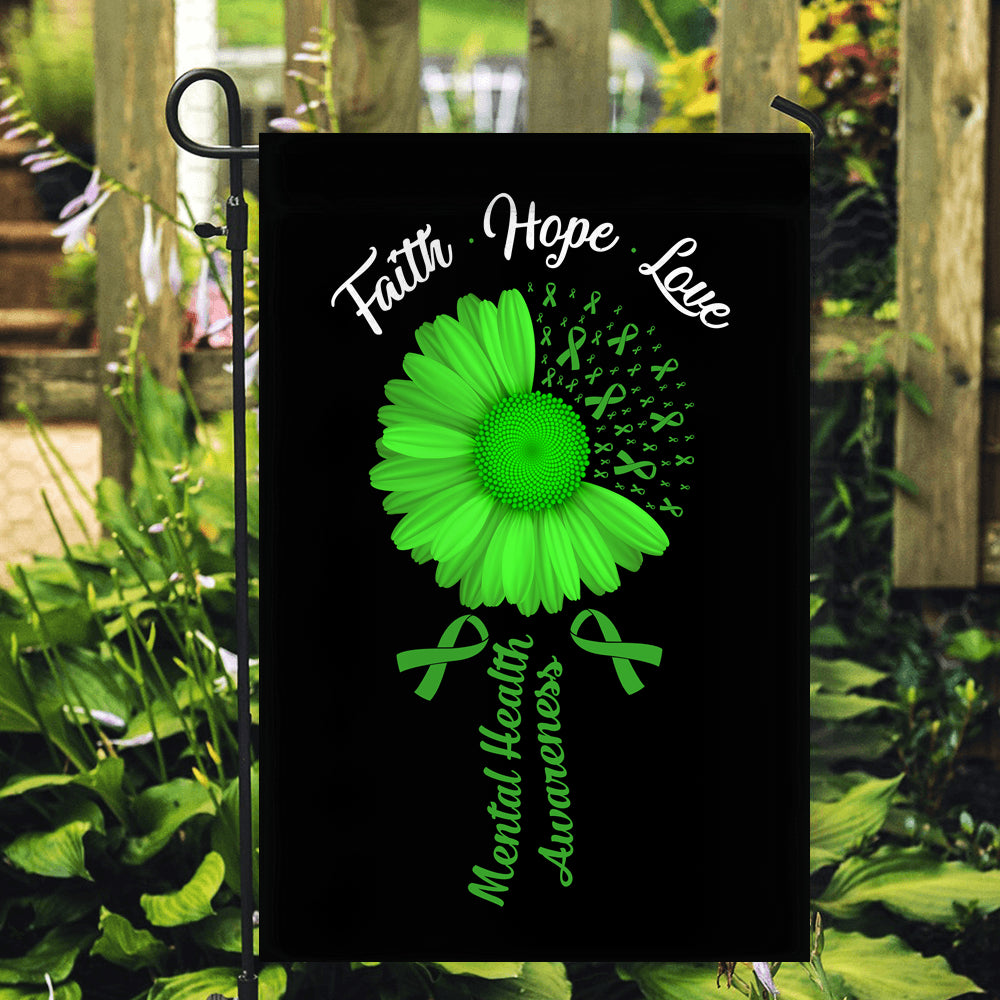 Faith Hope Love Mental Health Awareness Flag Daisy Flower Green Ribbon | siriusteestore