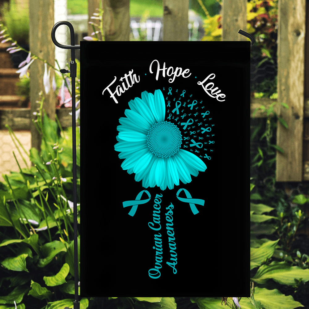 Faith Hope Love Ovarian Cancer Awareness Flag Daisy Flower Teal Ribbon | siriusteestore
