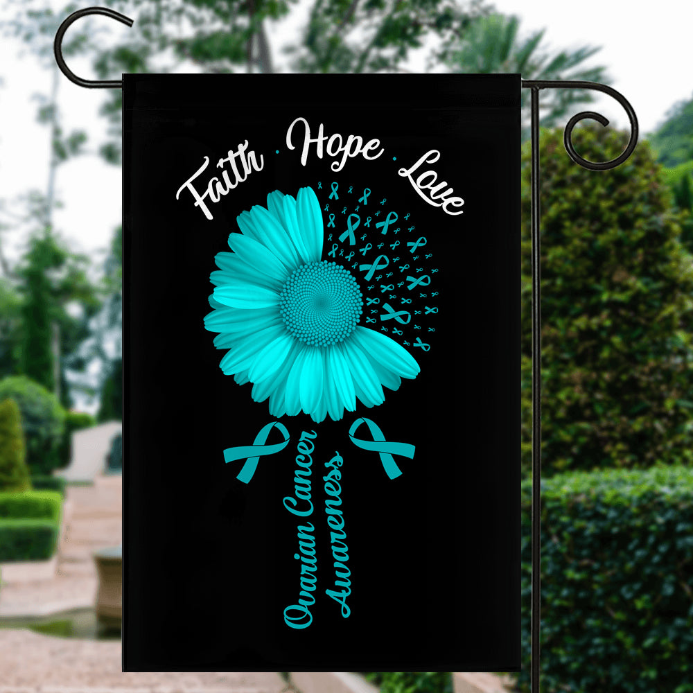 Faith Hope Love Ovarian Cancer Awareness Flag Daisy Flower Teal Ribbon | siriusteestore