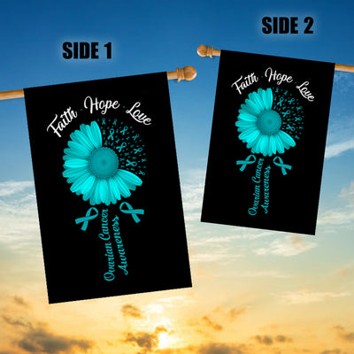 Faith Hope Love Ovarian Cancer Awareness Flag Daisy Flower Teal Ribbon | siriusteestore