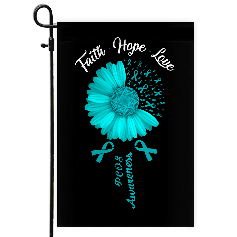 Faith Hope Love PCOS Awareness Flag Daisy Flower Teal Ribbon | siriusteestore