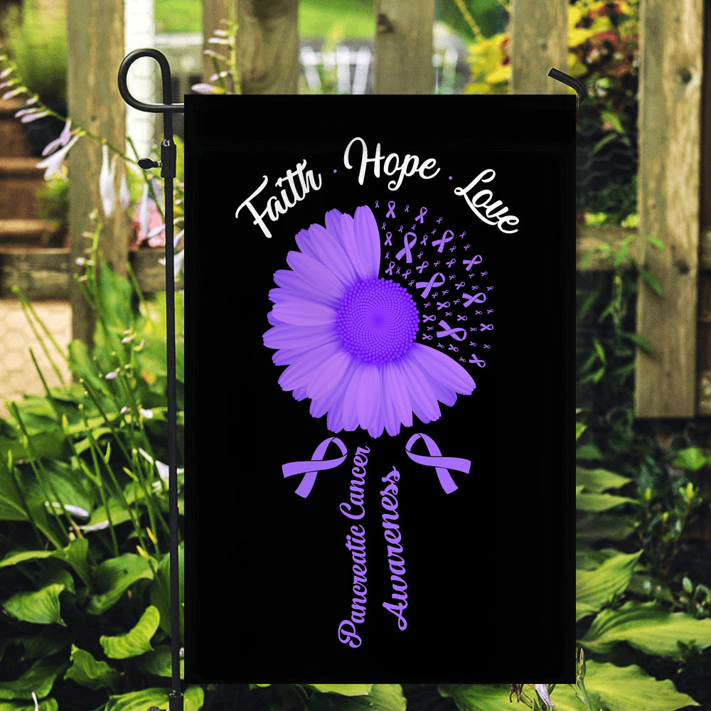 Faith Hope Love Pancreatic Cancer Awareness Flag Daisy Flower Purple Ribbon | siriusteestore