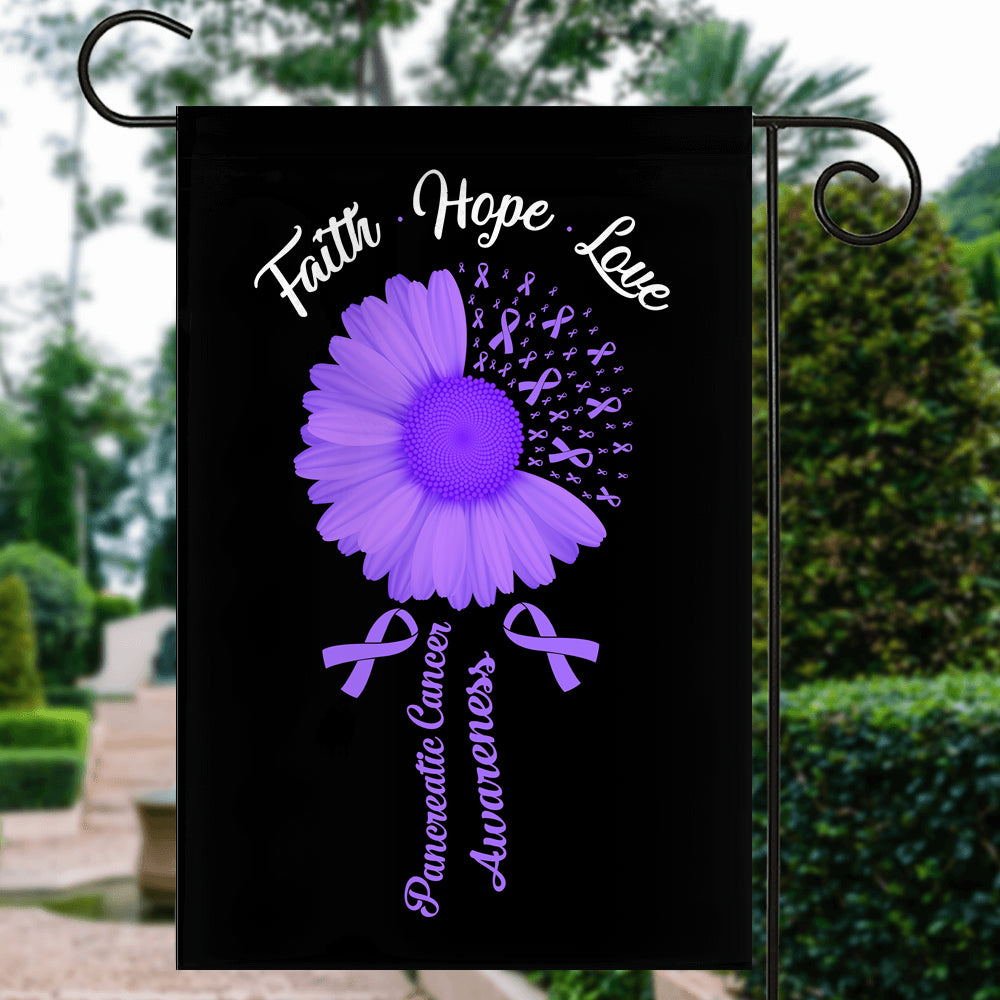 Faith Hope Love Pancreatic Cancer Awareness Flag Daisy Flower Purple Ribbon | siriusteestore