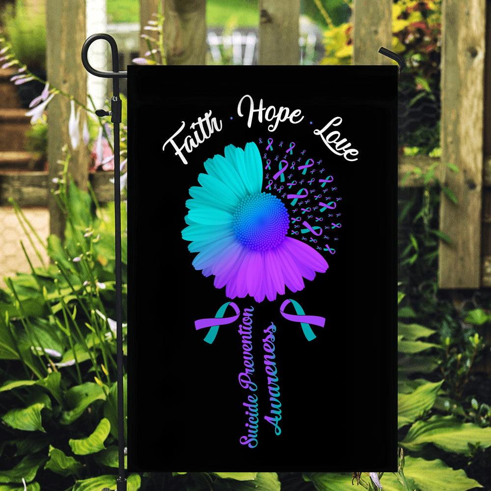Faith Hope Love Suicide Prevention Awareness Flag Daisy Flower Teal and Purple Ribbon | siriusteestore