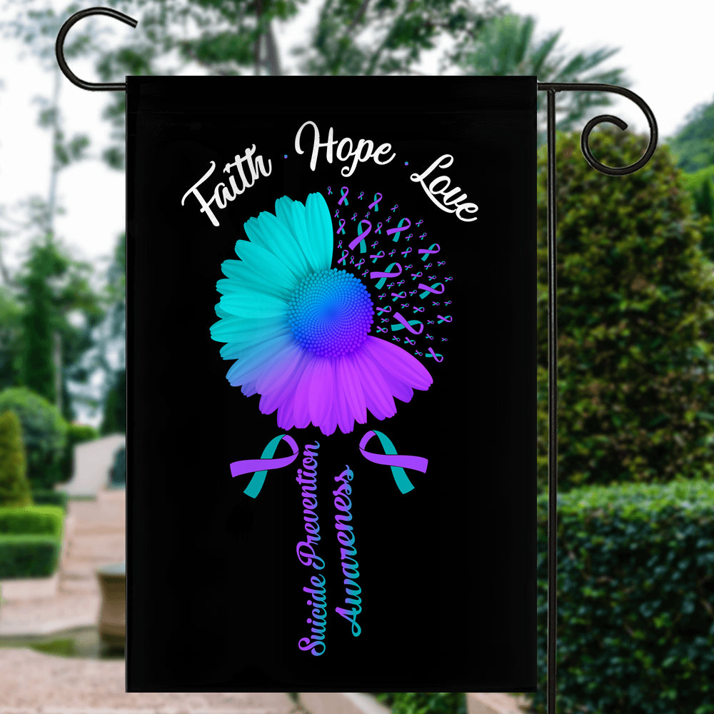 Faith Hope Love Suicide Prevention Awareness Flag Daisy Flower Teal and Purple Ribbon | siriusteestore