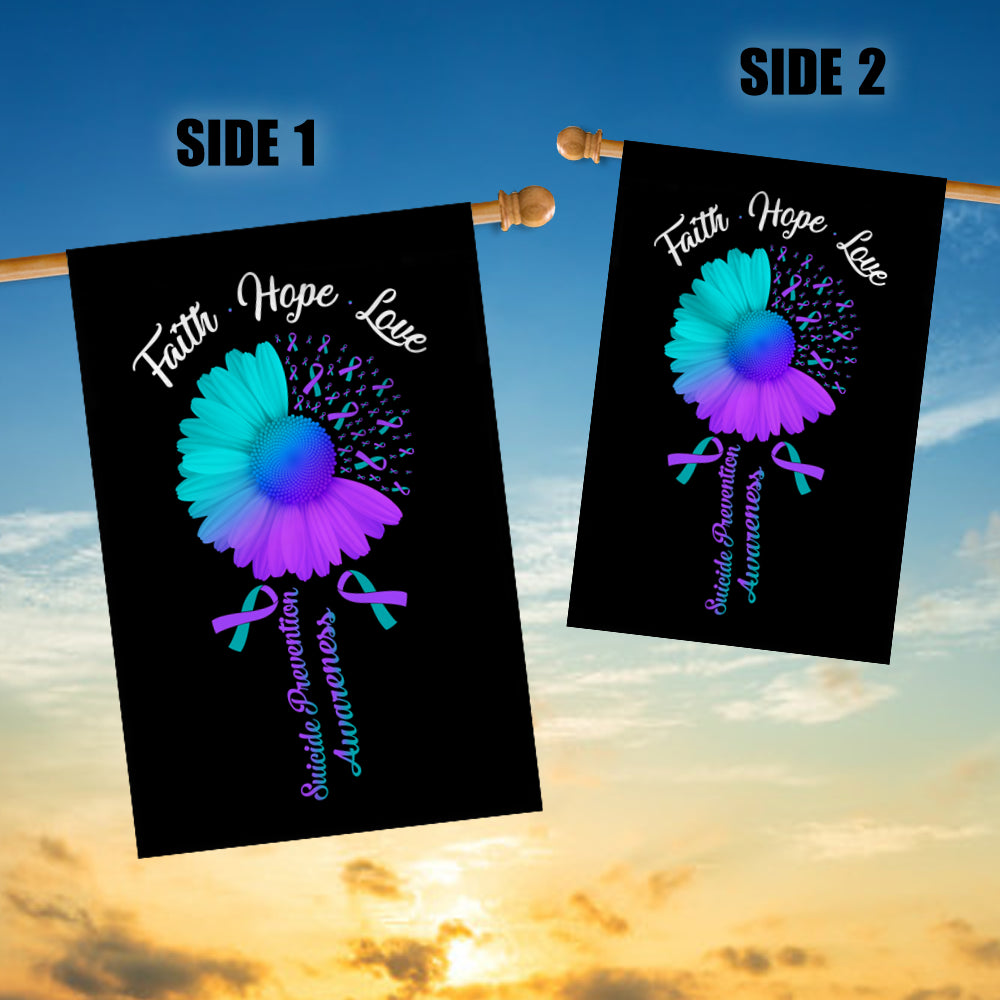 Faith Hope Love Suicide Prevention Awareness Flag Daisy Flower Teal and Purple Ribbon | siriusteestore