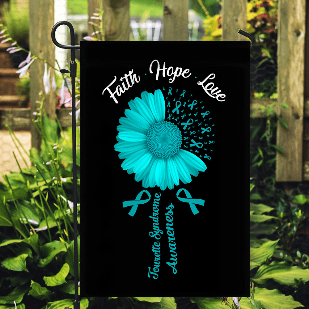 Faith Hope Love Tourette Syndrome Awareness Flag Daisy Flower Teal Ribbon | siriusteestore