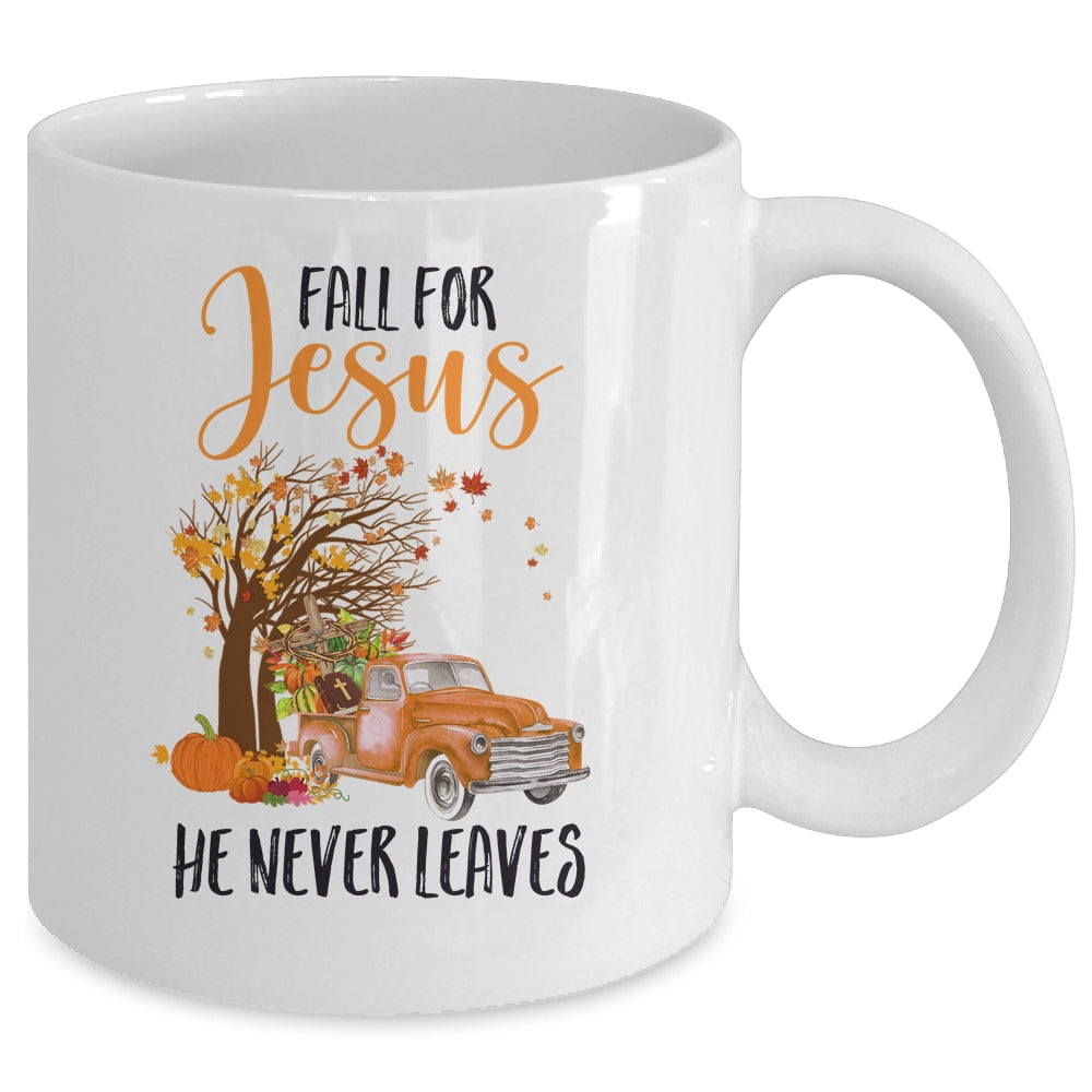 Fall For Jesus He Never Leaves Thanksgiving Pumpkin Truck Mug | siriusteestore