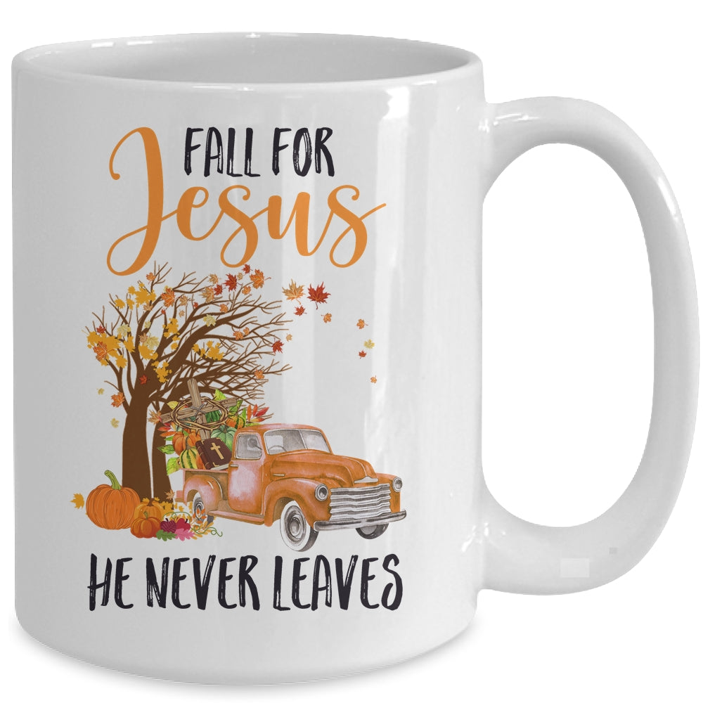 Fall For Jesus He Never Leaves Thanksgiving Pumpkin Truck Mug | siriusteestore